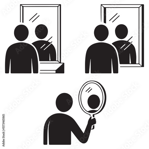 Three simple black silhouette icons depicting people looking into mirrors one with a handheld mirror and two with standing mirrors reflecting their figures