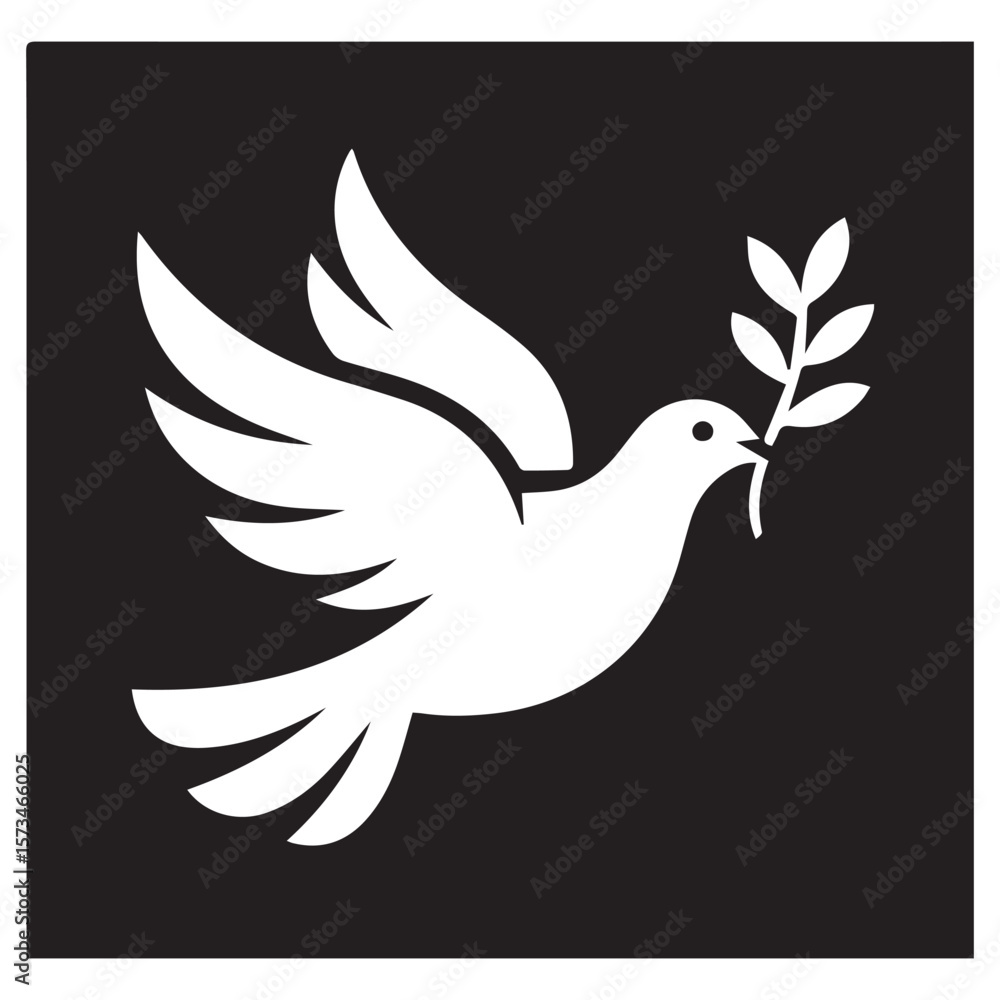 Fototapeta premium A stylized white dove with an olive branch in its beak flies across a stark black background representing peace and hope