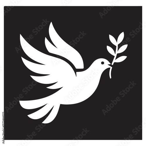 A stylized white dove with an olive branch in its beak flies across a stark black background representing peace and hope