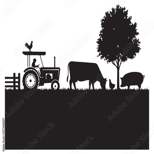 Silhouette of a farmer driving a tractor with a rooster on top alongside a cow chicken and pig in a grassy field with a tree