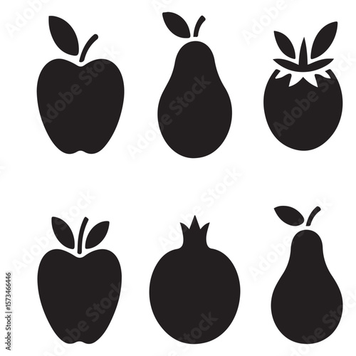 A collection of simple black silhouette icons featuring two apples two pears and one pomegranate arranged in two rows against a clean white background