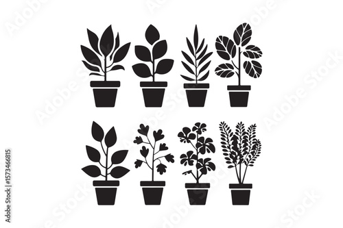Collection of silhouetted potted houseplants in various styles