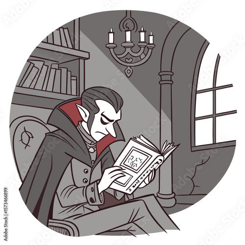 Illustration of a vampire reading a book in a room with a bookshelf and a chandelier in grayscale