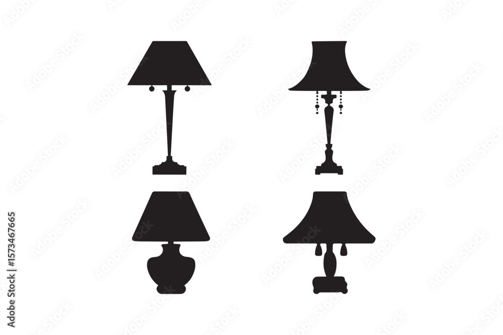 Obraz premium Collection of four black silhouette table lamps on a white background