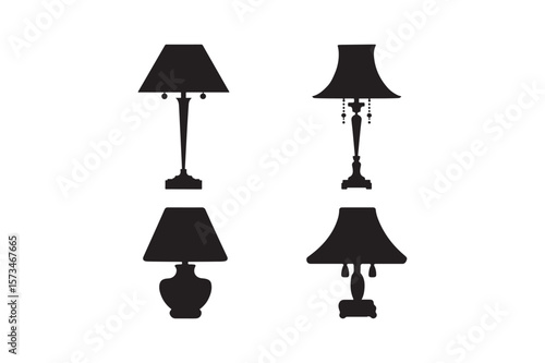 Collection of four black silhouette table lamps on a white background