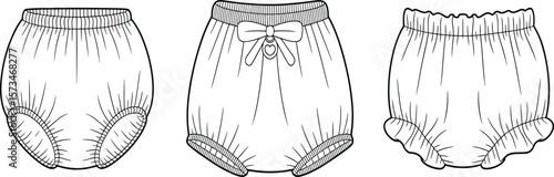 Baby Toddler Bloomer Diaper Cover Shorts Technical Sketch Flat CAD Drawing Vector Illustration Set for Infant Apparel Design and Sewing Patterns