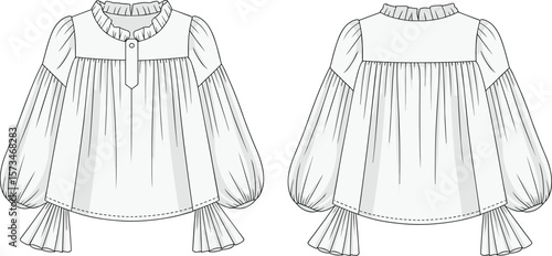  Long Puff Sleeve Peasant Blouse Top with Ruffle Collar Fashion Technical Sketch Flat CAD Drawing Vector Illustration for Apparel Design