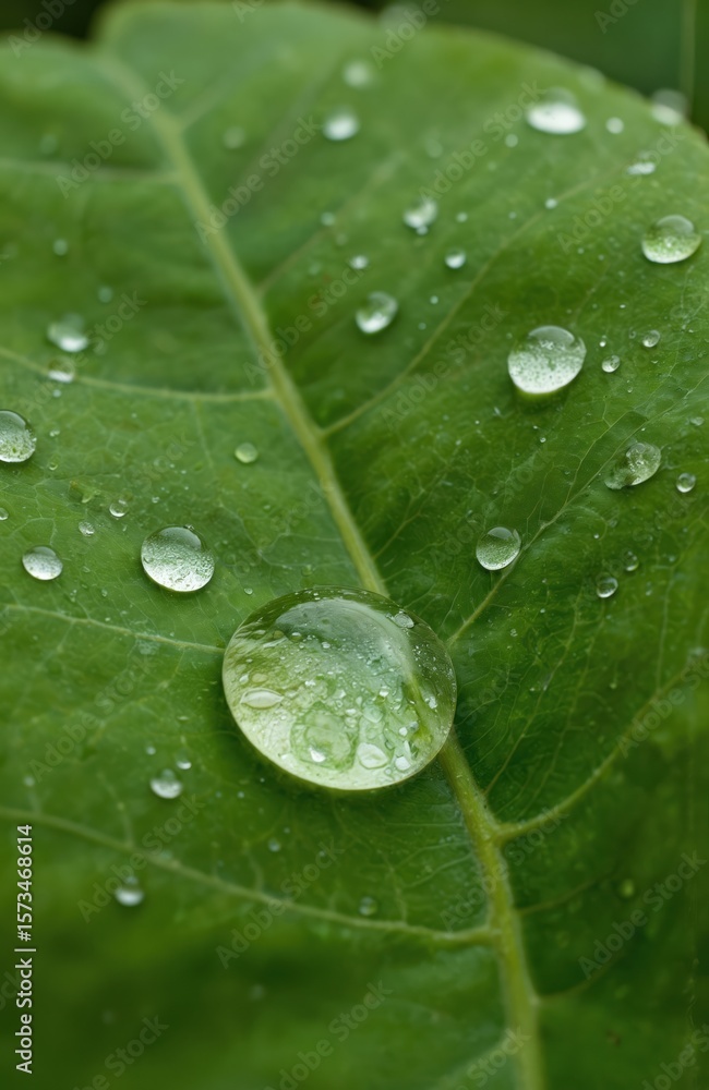 Fototapeta premium Vibrant green leaf with tiny water droplets, mirror-like reflection on leaf surface. Close-up view of single leaf with droplets, blurred gray background, contrasting with leaf rich green. Slightly