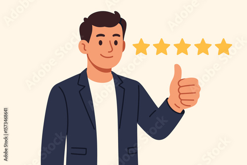 Happy client gives five star rating. Customer review, positive feedback for high quality product or service. Thumbs up for best user experience and satisfaction concept.