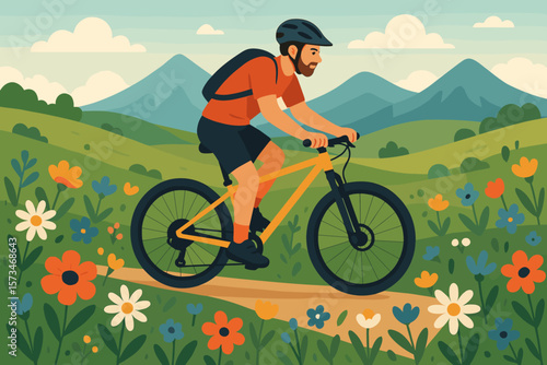 Man on mountain bike adventure in floral nature. Biker cycling on scenic trail in rural landscape with flowers and mountains. Healthy lifestyle and sport. Flat vector cartoon.