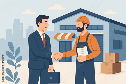 B2B business to business commerce concept. Businessman and supplier shaking hands. Partnership agreement, successful deal. Contractor and owner handshake at warehouse background.