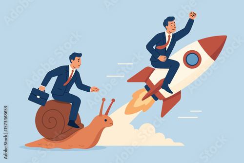 Business competition concept. Fast businessman on rocket versus slow on snail. Competitive advantage, innovation, high performance for success, growth. Boost speed to win.