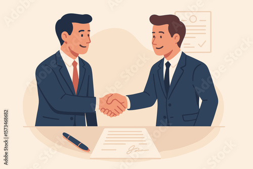 Business deal success concept. Two businessmen shaking hands after signing contract. Partnership agreement and collaboration. Executive handshake, successful negotiation teamwork.