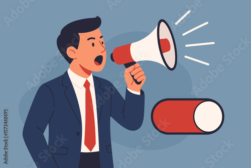 Businessman shouting in megaphone. Announcing promotion. Business communication concept. Turn on, activate message. Marketing alert. Public relations, speaking out loud.