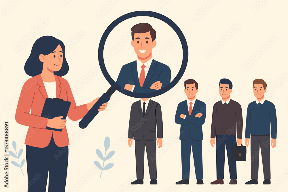 Fototapeta premium Human resources manager choosing the best candidate for a job. HR recruitment and employment concept. Woman with magnifying glass hiring an outstanding applicant for a vacancy.