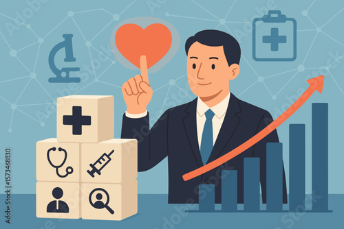 Healthcare business growth and medical service concept. Businessman with service mind touches heart icon. Investment graph, examination, medicine, and data analysis symbols.