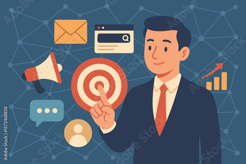 Digital marketing strategy concept. Businessman touching target. Customer targeting and business goals. Advertising, SEO, SMM. Network connection. Flat vector cartoon illustration.