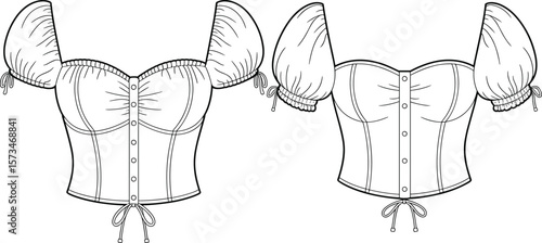 Corset Style Milkmaid Blouse Top with Puff Sleeves Fashion Technical Sketch Flat CAD Drawing Vector Illustration for Apparel Design