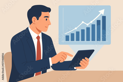 Businessman using tablet for data analysis. Man analyzing sales and economic growth on graph chart hologram. Business strategy, finance report, and digital marketing concept.
