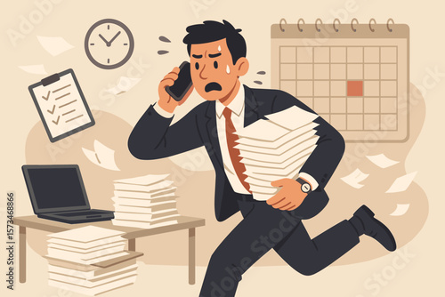 Busy work multitasking concept. Overworked employee hurry to finish documents. Exhausted from overload tasks. Deadline pressure. Stressful schedule. Time management problem.