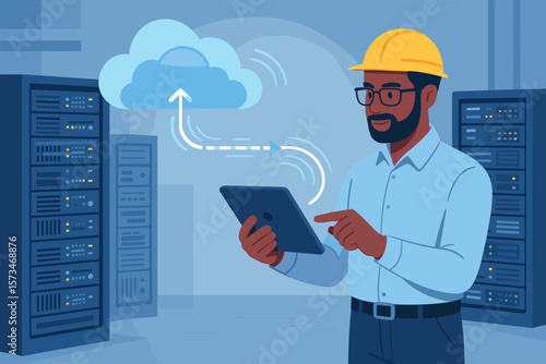 IT engineer in server room managing data transfer and cloud storage on a tablet. Male technician with rack servers. Network administration, hosting, SAAS, database concept.