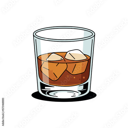 Glass of whiskey with ice cubes illustration – stock vector in colorful flat style