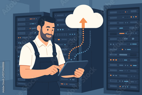 IT specialist in a data center managing cloud data transfer. A man with a tablet working on network server racks. SaaS, hosting, information technology, database administration.