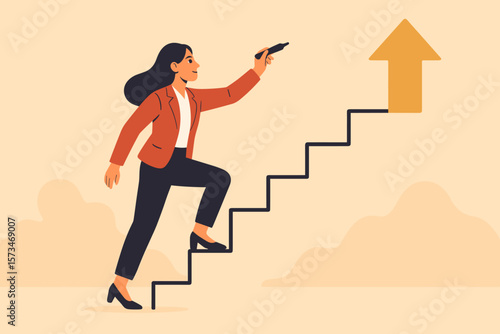Businesswoman creating stairs to success. Career growth path and self-improvement plan. Leadership motivation for self-made success. Confident woman drawing her own future.