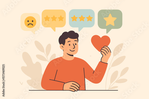 Customer feedback and service satisfaction concept. Man giving positive review and quality rating. User experience evaluation with stars. Client opinion and brand loyalty idea.