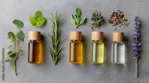 Wallpaper Mural Essential oils in glass bottles paired with fresh herbs for aromatherapy and natural skincare on a concrete background Torontodigital.ca