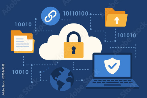 Cyber security on cloud technology, data storage, business information exchange. Blockchain, file transfer protocol, secure file sharing, digital network protection concept.