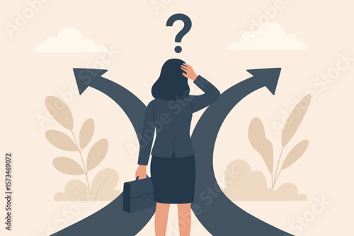 Businesswoman at crossroads making a choice. Career path decision, dilemma concept. Confused woman choosing a way. Business strategy, opportunity, future challenge vector.