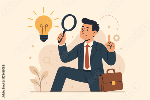 Businessman with magnifying glass finds a new idea. Concept of discovery, insight, innovation, opportunity, and research for the best solution, outcome or business intelligence.
