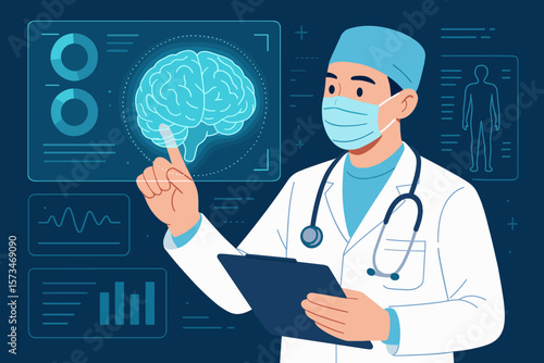 Doctor analyzing brain scan on holographic interface. Surgeon checking patient data. Futuristic medical technology concept. Neuroscience, neurology research. Health tech innovation.