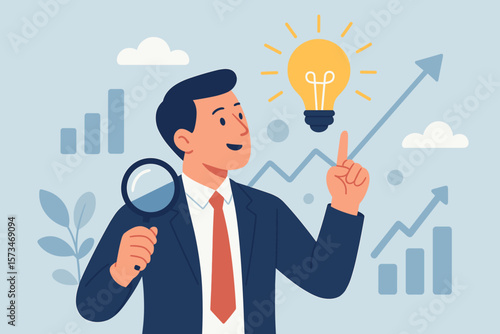Businessman with a magnifying glass finds an innovative idea. Business intelligence, research for solutions, discovery, opportunity, and successful growth vector concept.