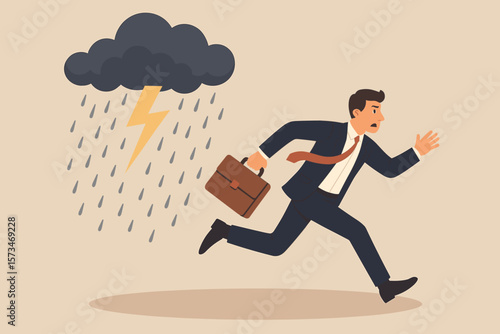 Businessman running from storm cloud, lightning and rain. Overcoming adversity, career challenges, crisis management, stress at work, business risk, professional resilience concept