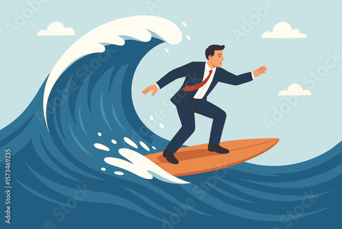 Businessman surfing giant wave in suit, career growth, leadership challenge, overcoming obstacles, professional success, business trend, risk management, opportunity concept