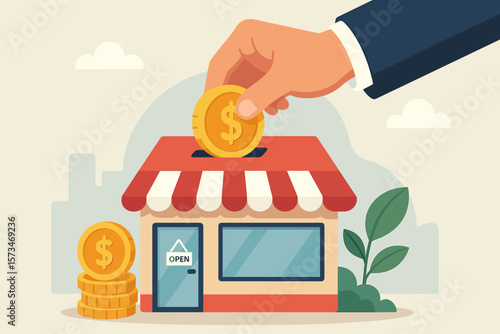 Small business funding investment, startup capital, banking loan, saving money to open new shop, financial support, entrepreneur hand putting coin in storefront, finance concept