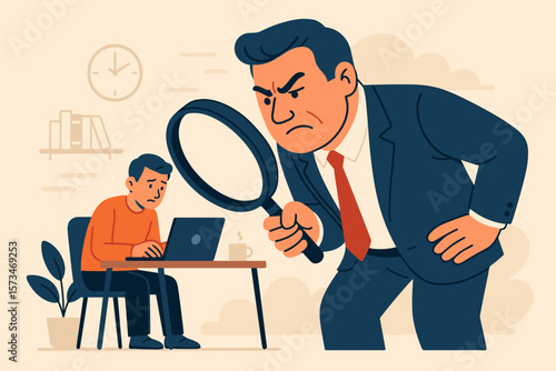 Employee monitoring, workplace surveillance, boss oversight, manager watching worker, privacy invasion, micromanagement, corporate control, office supervision, workplace stress, business concept