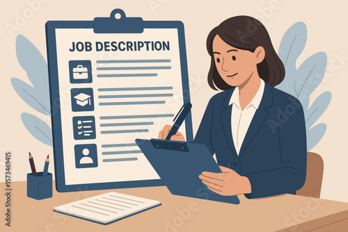 Businesswoman writing job description document. HR manager preparing qualifications and requirements for a new position. Employment concept with duty and responsibility list.