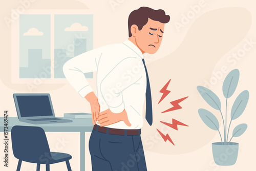 Office syndrome. Man suffering from back pain. Employee with backache health problem. Incorrect posture, injury from sitting. Medical healthcare concept. Flat vector illustration.