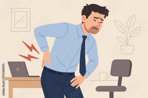 Man suffering from back pain due to office syndrome. Incorrect posture from sedentary work. Health problem, spine injury, muscle ache, lumbar pain. Medical vector concept.