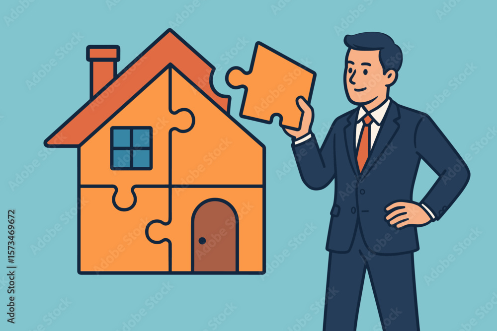 Real estate solution concept. Businessman completes house puzzle. Home buying plan, mortgage loan, housing expense, property maintenance, insurance. Financial investment success. Real estate solution concept. Businessman completes house puzzle. Home buying plan, mortgage loan, housing expense, property maintenance, insurance. Financial investment success.