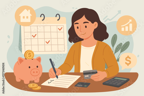 Monthly cost budget expense to pay bill mortgage debt. Plan for savings investment. Money management credit card payment. Smart woman plan her monthly finance. Accounting.