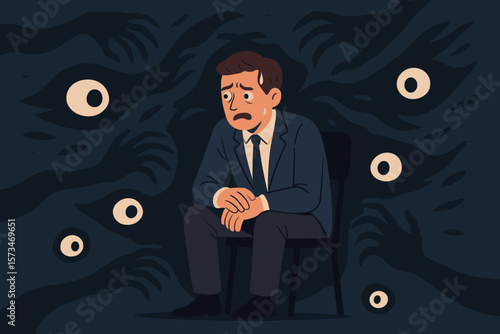 Businessman suffering from paranoia, fear, anxiety. Mental health disorder, depression, stress, phobia concept. Man surrounded by scary shadow monster hands and creepy eyes.