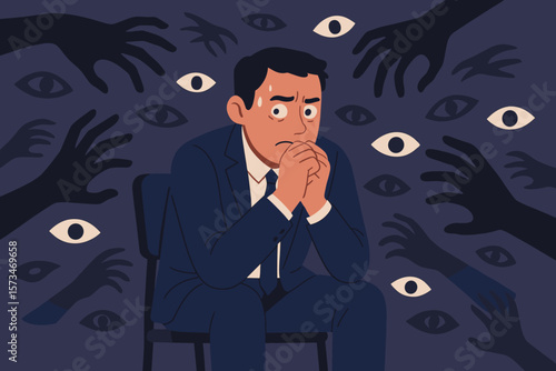 Paranoia concept. Businessman with fear and panic from anxiety. Mental health disorder or phobia. Man surrounded by watching eyes. Depression from stress and pressure.