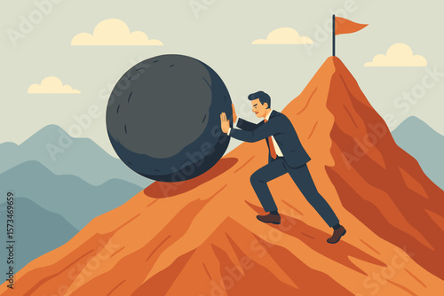 Businessman pushing a big rock up a hill. Concept of perseverance, persistence, challenge, and goal. Metaphor for business struggle, resilience, strength, and success.