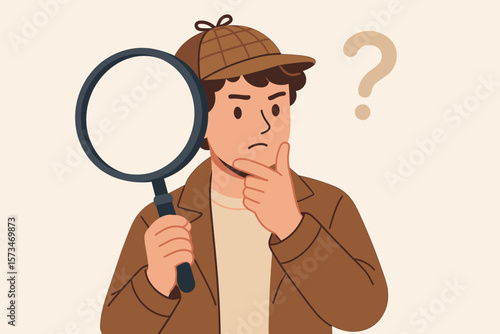 Search, discover, analyze report or specialist investigate and research for insight. Information concept. Curiosity detective holding huge magnifying glass. Man thinking with question mark.