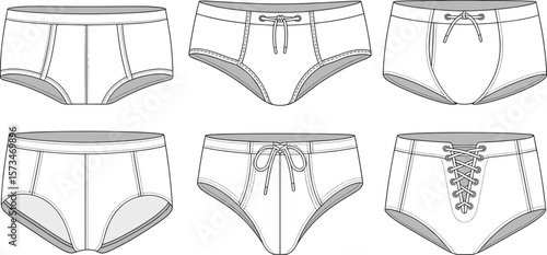 Men's Underwear Briefs Swim Trunks Technical Sketch Flat CAD Drawing Vector Illustration Set for Apparel Design and Fashion Templates