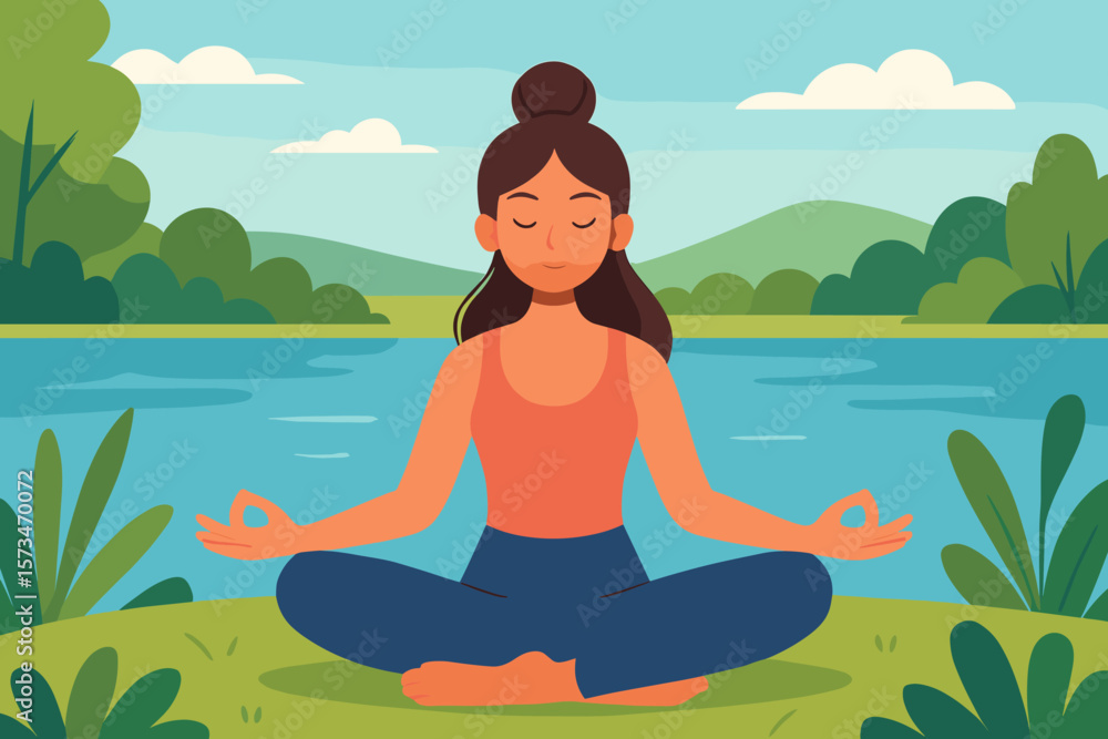 custom made wallpaper toronto digitalYoga meditation concept. Woman practicing mindfulness by lake in summer. Zen balance, mental health wellness. Calm girl in lotus pose. Serene nature park cartoon illustration.